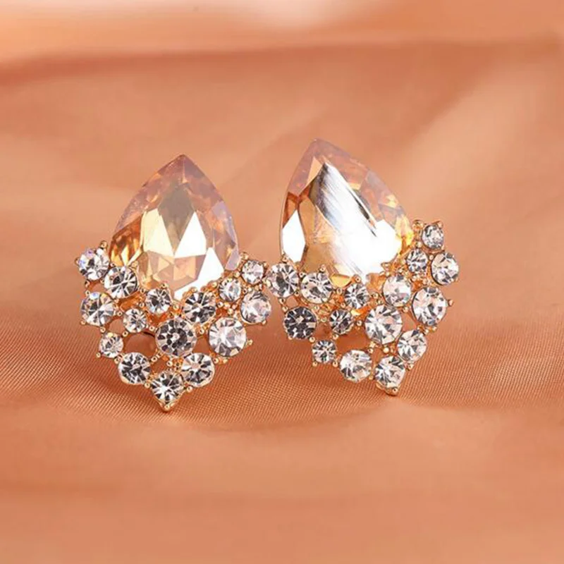 14 Colors Choose Austria Crystal Rhinestone Water Drop Shape Clip on Earrings Without Piercing Charm Bridal Ear Buckle Earrings