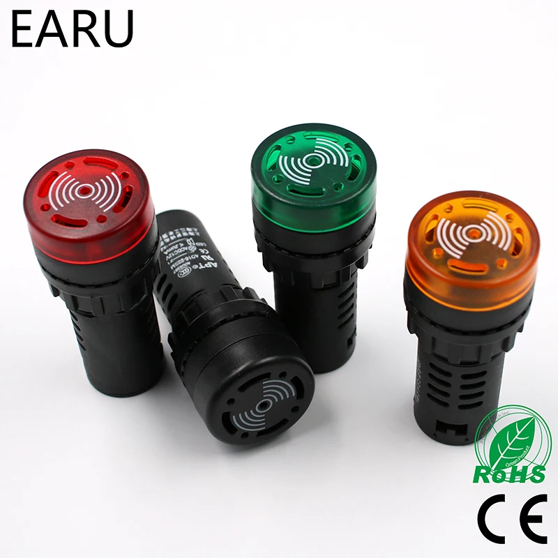 1pc AD16-22SM 12V 24V 110V 220V 380V 22mm Flash Signal Light Red LED Active Buzzer Beep Alarm Indicator Red Green Yellow Black