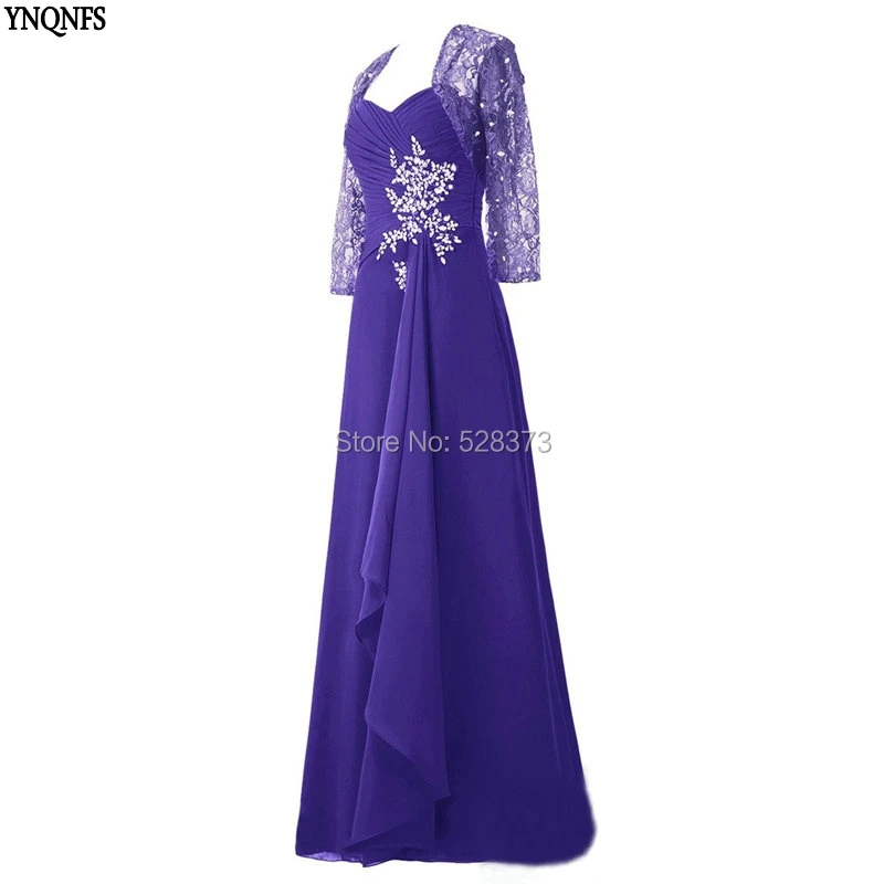 

YNQNFS MD144 Real Pictures Chiffon Ruched Purple Mother of the Bride/Groom Dresses Outfits with 3/4 Sleeves Lace Jacket 2019