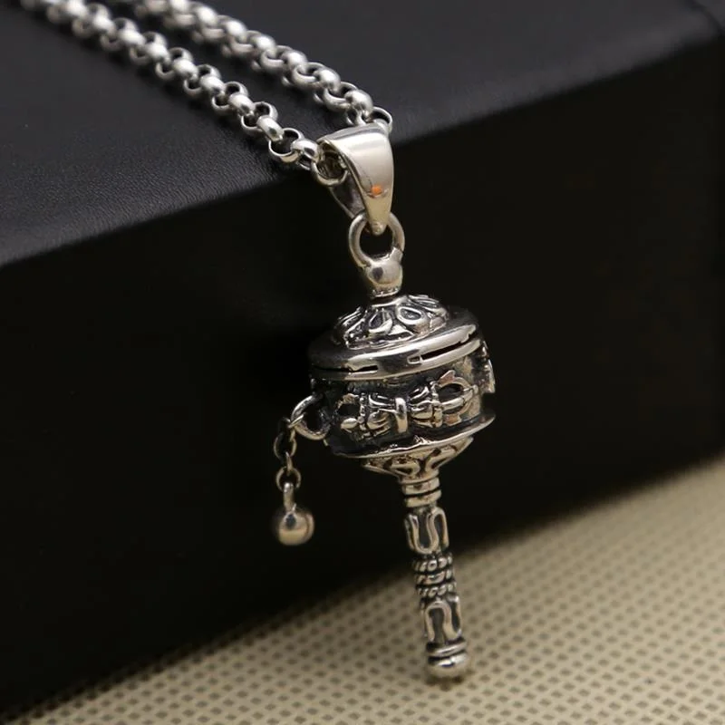 925 Silver Tibetan Dorje Prayer Wheel Pendant vintage sterling Buddhist Vajra Prayer Wheel Amulet Pendant Silver Tibetan Pendant