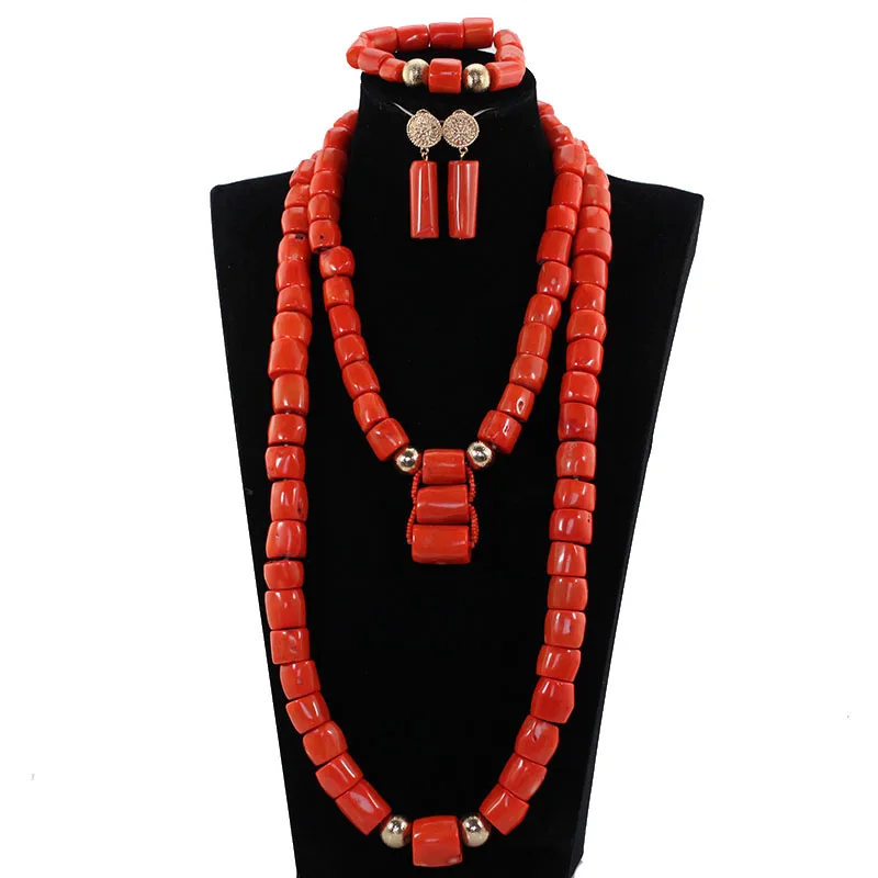 2018 New Big Real Coral Bead Traditional Nigerian Wedding African Coral Beads Jewelry Set Women Statement Jewelry Set ABH798