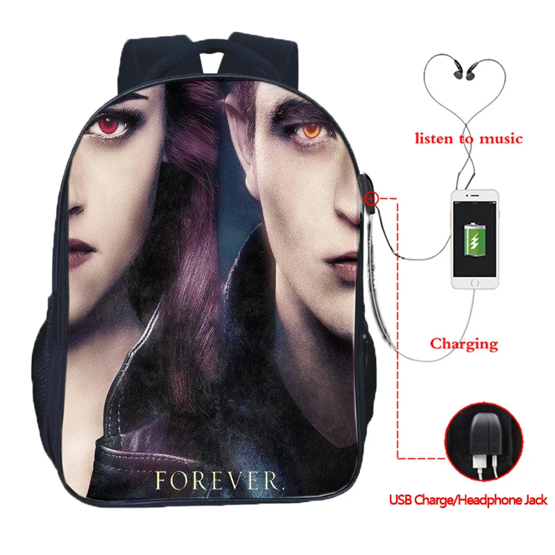 Beautiful Twilight USB Charge Backpack Men Women Boys Girls Rucksack Fashion Backpack Beautiful Edward Cullen knapsack