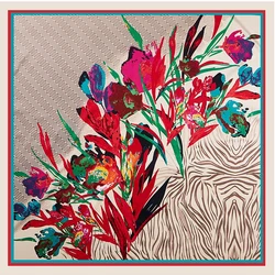 POBING Twill Silk Scarf Women Flowers Print Square Scarves Large Bandana Luxury Kerchief Hijab Scarf Female Head Foulards