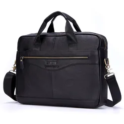 Men Genuine Leather Briefcase Male Large Leather Handbags Black Men's 15.6