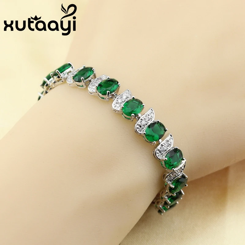 Cheerful  Silver Overlay Women Jewelry Set Green Created Emerald Four Piece Sets Ring Necklace Pendant Bracelet Earring