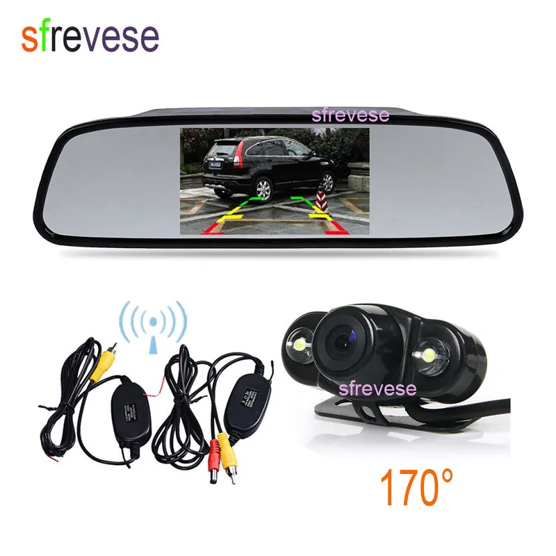 

4.3" Car LCD Mirror Monitor + Waterproof Wireless 2 LED Reversing Parking Backup Camera Vehicle Rear View Kit 170 degree