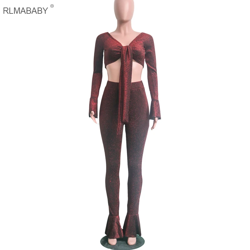 RLMABABY – combinaison Sexy à bandes pour femmes, épaules dénudées, manches évasées à haute élasticité, ensemble de 2 pièces, salopette Slim à nœud de Club