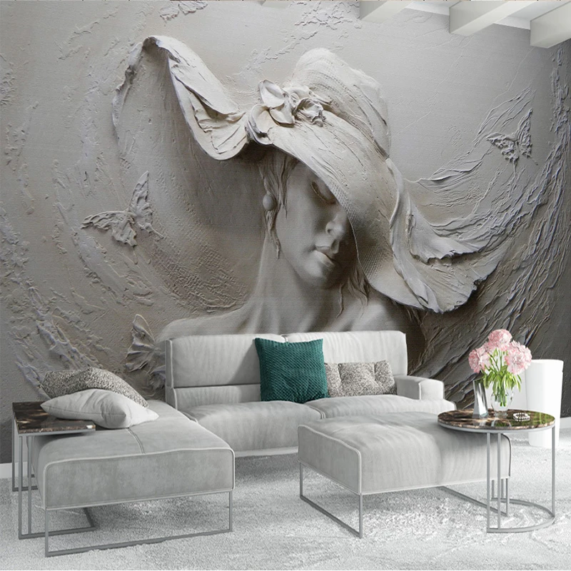 Custom 3D Stereo Embossed Cement Characters Sculpture Photo Wallpaper European Style Vintage Living Room Bedside Decor 3D Mural