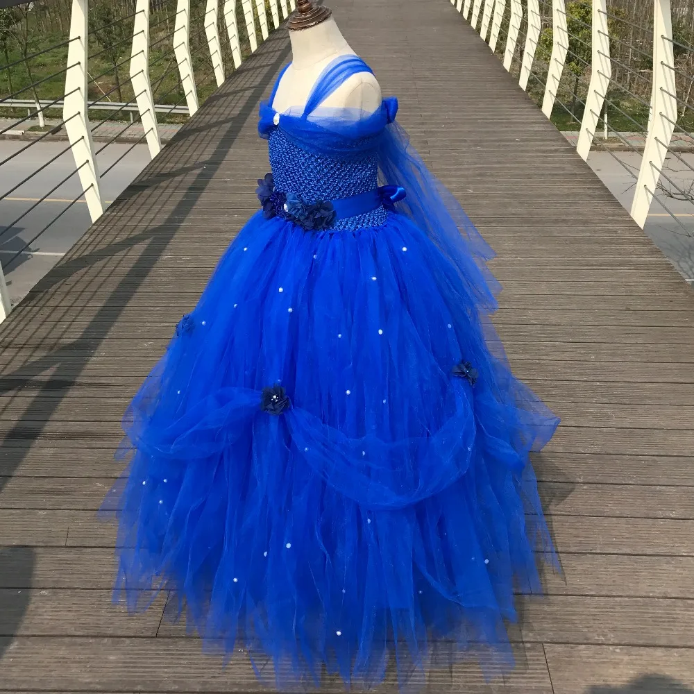 POSH DREAM Adorable Royal Blue Flower Wedding Dresses for Kids Girls with Flower Belt Pearls Tulle Lolita Children Party Clothes