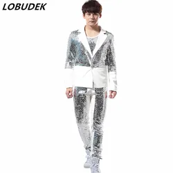 (Jacket+Pants) Men Suit Silver Sequins Blazers Trousers 2 Piece Stage Costume Nightclub Punk Male Singer Rock Bar Dance Outfit