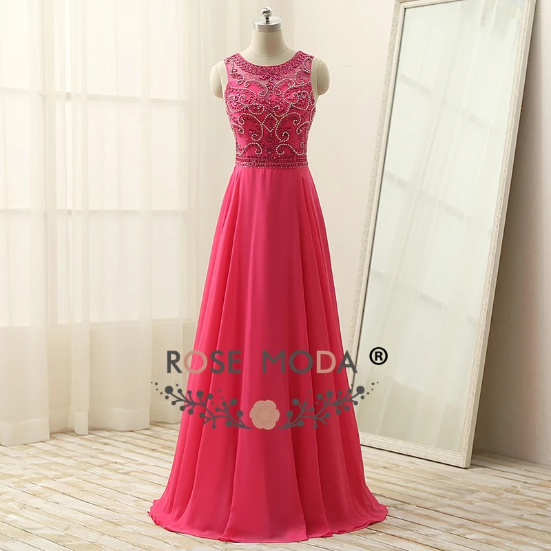 Rose Moda Pha Lê Đính Cườm Nóng Hồng Buổi Tối Ăn Mặc Cao Cổ Không Tay Tầng Chiều Dài Trang Phục Chính Thức Đảng Dress Cut Out Lại 2019