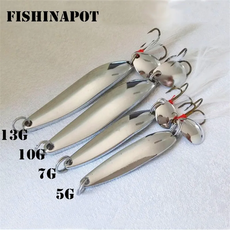 FISHINAPOT 1PCS Metal Sliver 5g 7g 10g 13g Błystki Łyżka przynęta wędkarska Twarda przynęta Cekiny z haczykiem z piórami Bass Treble Hook