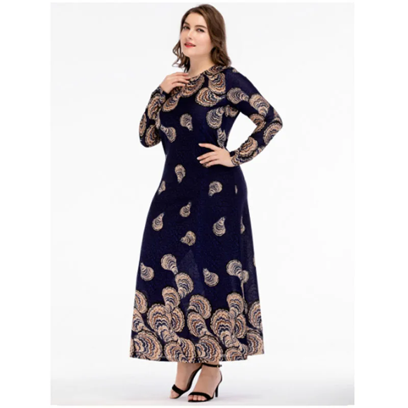 Woman Pattern Printed Long Sleeve Plus Size Muslim Dress Middle East Dresses Islamic Garment Islamic Spring Maxi Skirt