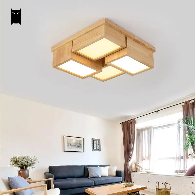 LED Wood Square Geometry Ceiling Light Fixture Japanese Nordic Plafon Lamp Lustre Luminaria Home Foyer Living Study Room Bedroom