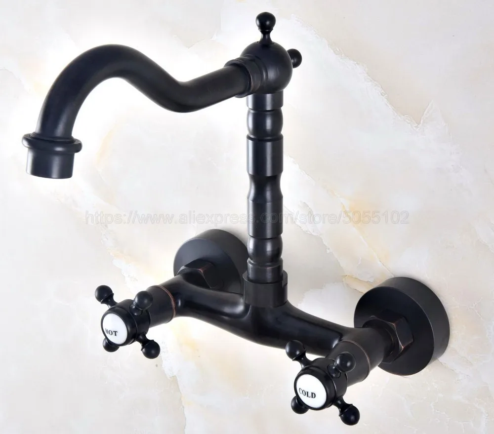 

Oil Rubbed Bronze Dual Handles Bathroom Kitchen Sink Faucets Wall Mounted Swivel Spout Two Holes Kitchen Mixer Taps znf453