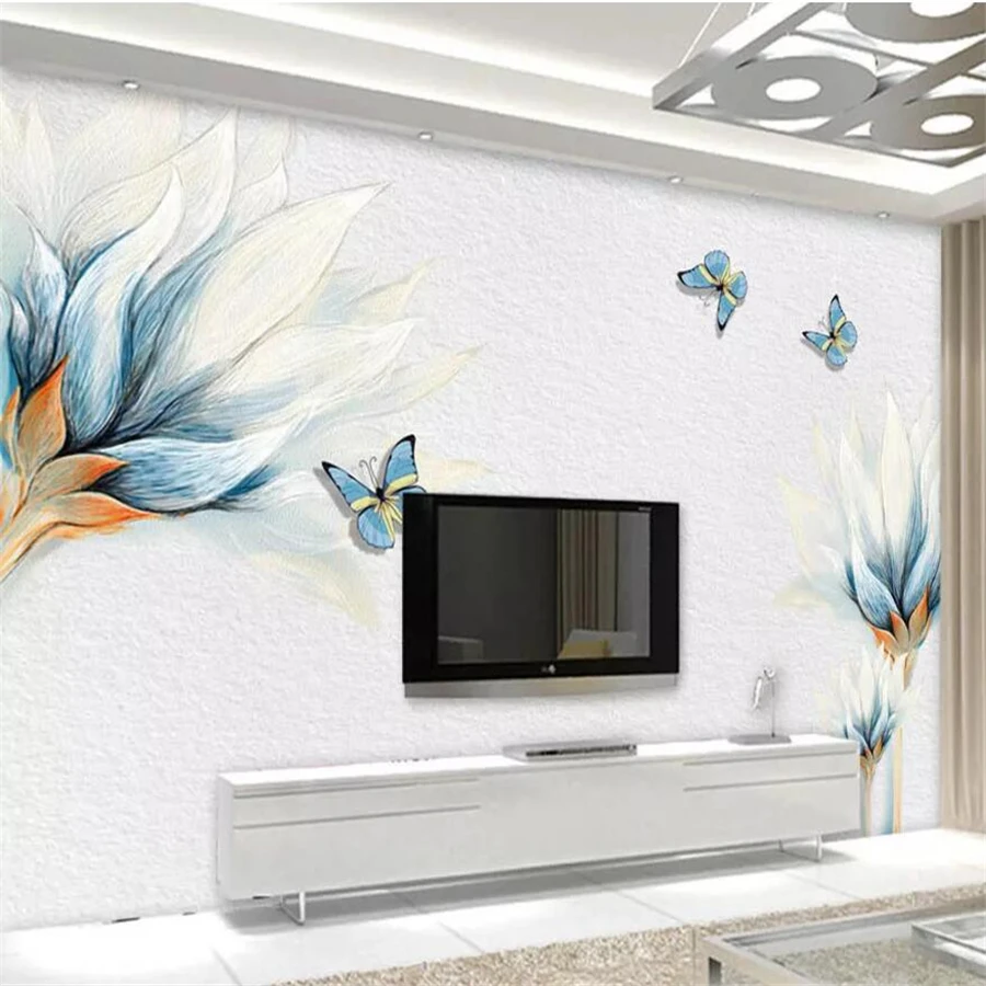 

beibehang Custom 3d photo wallpaper blue hand painted flower flowers butterfly TV background wall papers home decor 3d wallpaper