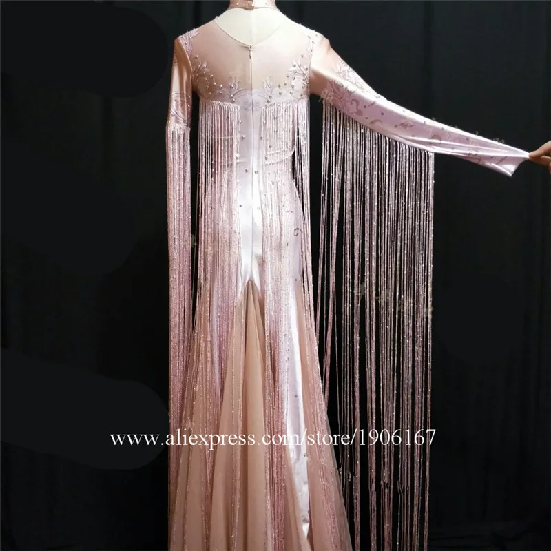 Sexy Lady Fringed Long Skirt Trailing Stage Costume Nightclub Party Evening Dress TV Show Performance Dance Wear