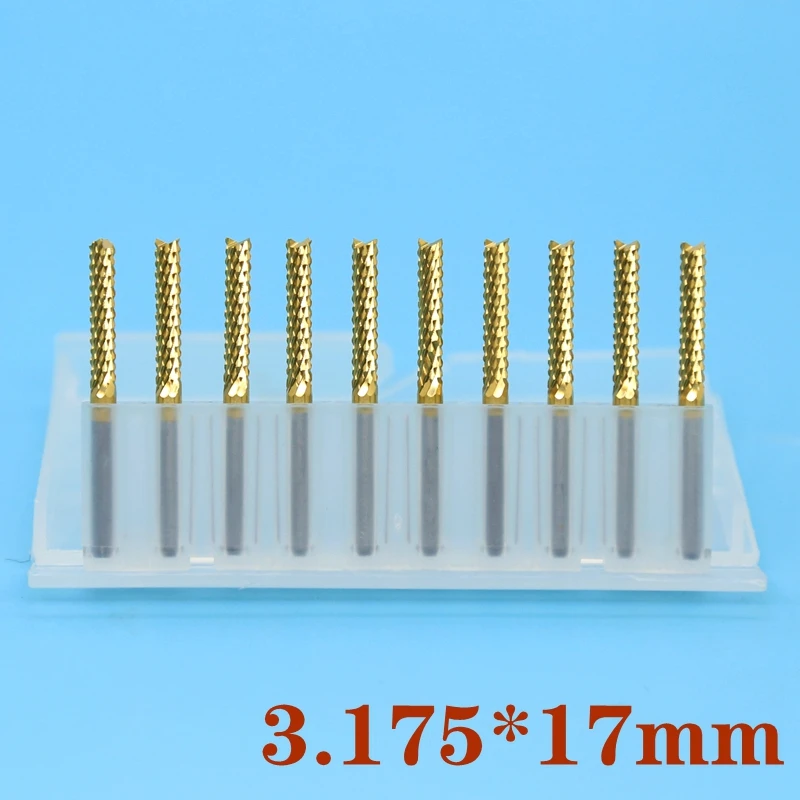 10 pcs 티타늄 코팅 pcb 밀링 커터 3.175mm 텅스텐 카바 이드 옥수수 절단 운동 도구 cnc 라우터 나무 위치 금속