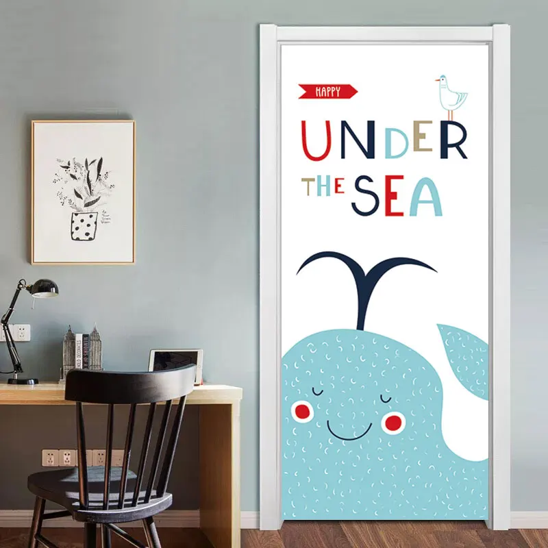 90x200cm/77x200cm Cartoon Whale Door Decor Sticker For Children Bedroom Kid Room Removable Quote Vinyl Mural Waterproof Decal