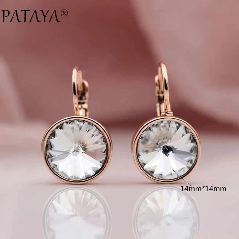 PATAYA 328 Anniversary 585 Rose Gold Color Round Crystal Dangle Earrings Women Wedding Party Luxury Fine Jewelry Accessories