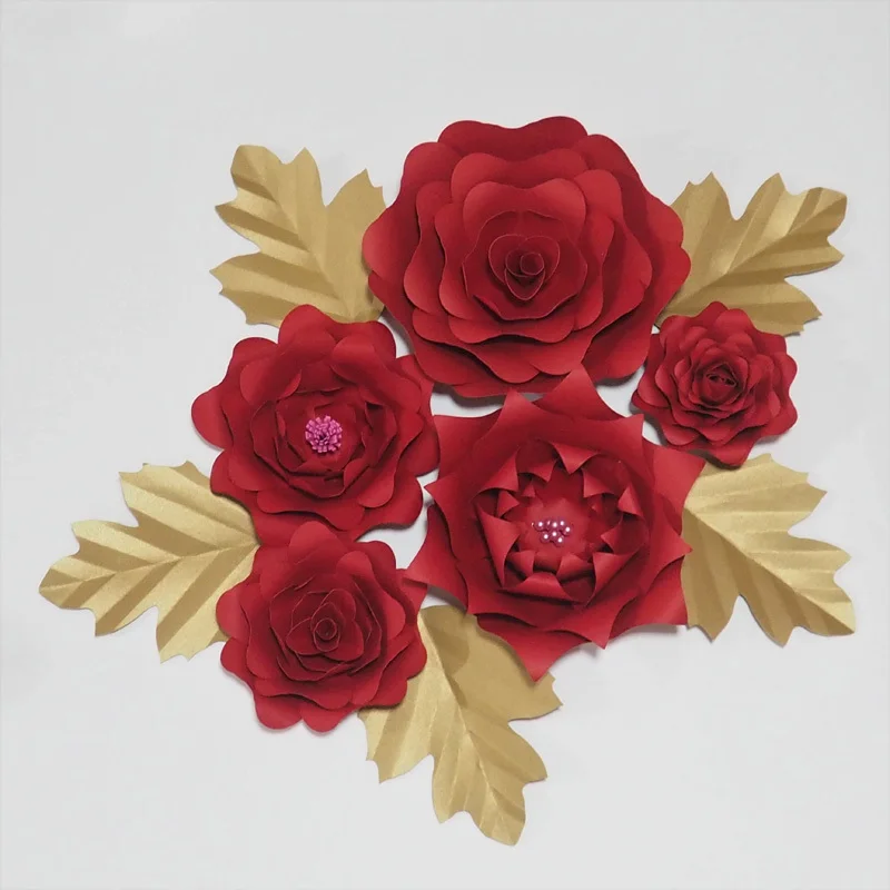 2018 DIY 5pcs Red Giant Paper Rose 5 Leaves Flores Artificiales Fleur Artificielle For Christmas New Year Xmas Decorations