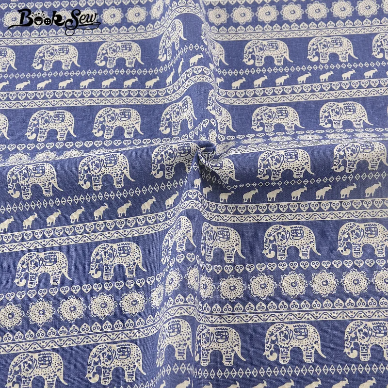 Booksew Home Textile Thailand Style Elephant Design Cotton Linen Dark Blue Fabric Sewing Tissu For Bag TableCloth Curtain Pillow