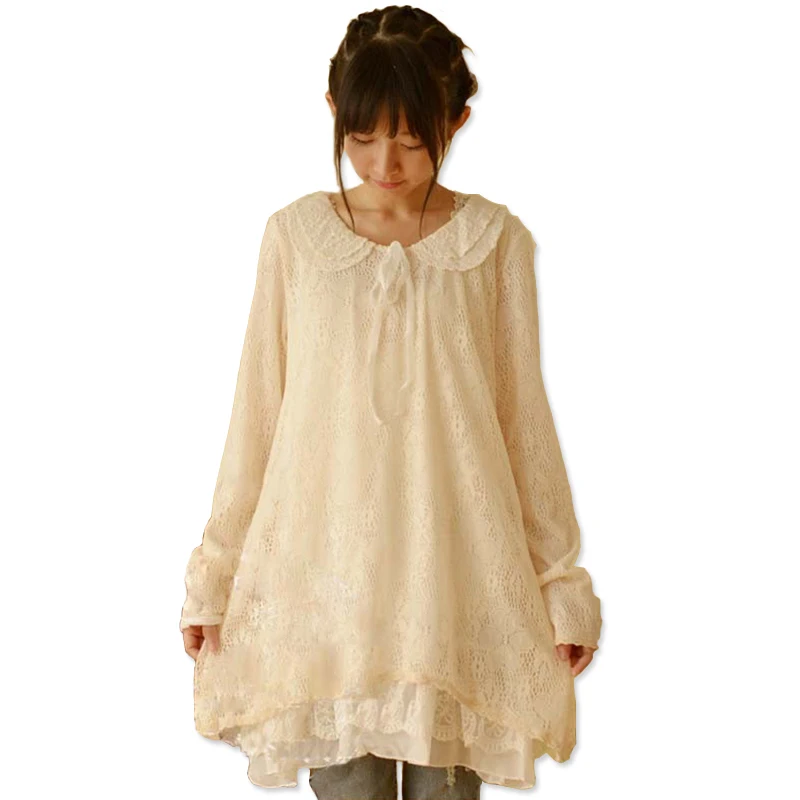 Japanese Spring Women\'s Lace Peter Pan Collar Long Sleeve Sweet Medium Princess Laciness Cute Lovely Lolita Dress Mori Girl C208