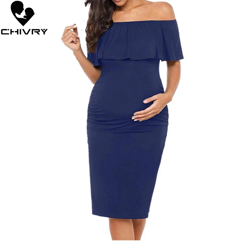 Chivry Schwangere Frauen Schwangerschaft Kleid Mode Kurzarm Slash Neck Solid Rüschen Mama Kleid Mutterschaft Kleidung Kleider