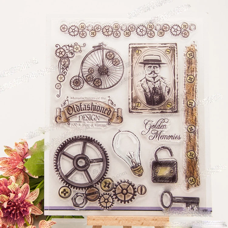 Lâmpada de silicone para scrapbooking, acessórios para artesanato, selo claro, material de engrenagem, trava de chave, design de retrato masculino, moda antiga