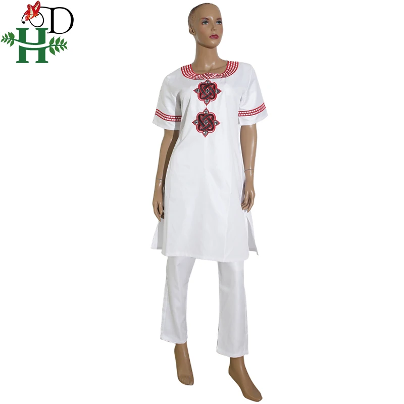 H&D 2022 African Women Clothing Short Sleeve Dashiki Set Embroidery Floral White Black Lady Blouse Top with Pants Robe Africaine