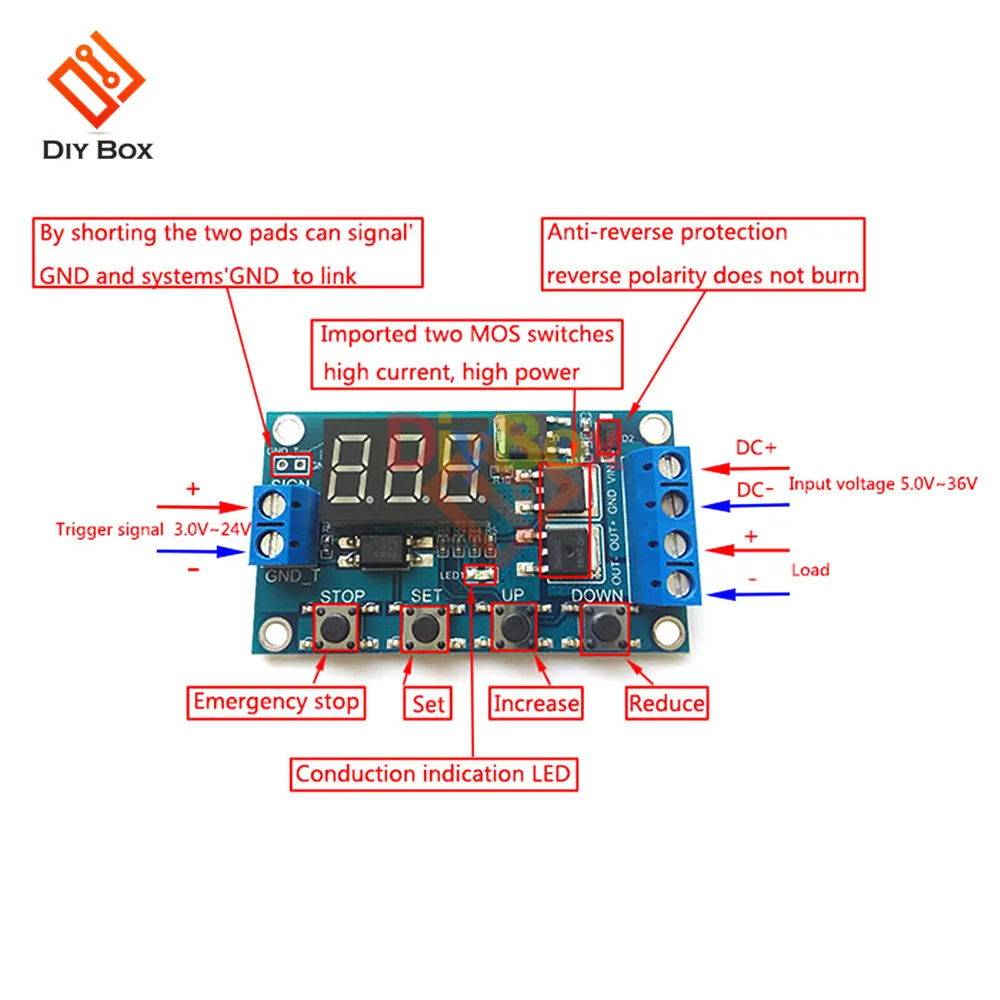 Dc 12v 24v tempo de atraso interruptor do relé módulo gatilho ciclo placa de circuito tubo duplo mos controle temporizador relé dc motor led luz