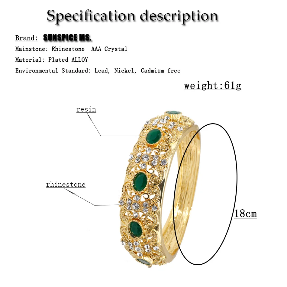Gold Color Morocco Rhinestone Bangles For Women Arabic Ethnic Resin Open Cuff Bracelet Dubai Bridal Wedding Jewelry