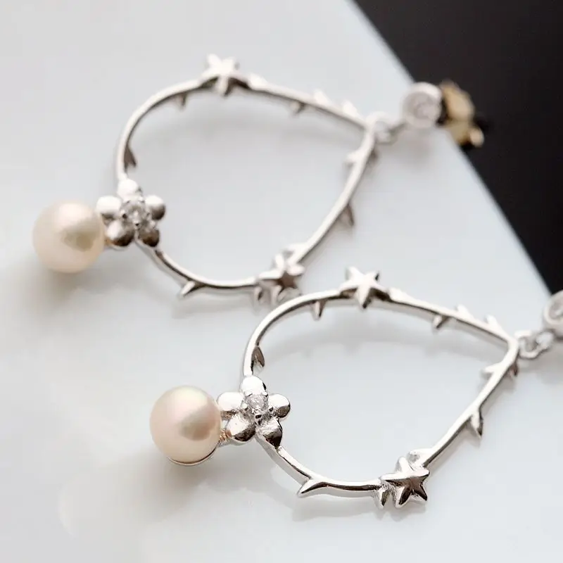 925 sterling silver handmade inlaid natural pearl earrings fashion flower drop