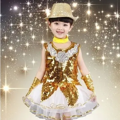 Girls Jazz Dress Dance Costume One-Shoulder Sparkly Sequins Mesh Dress Hairclip Wristband Modern Contemporary Dance Dress