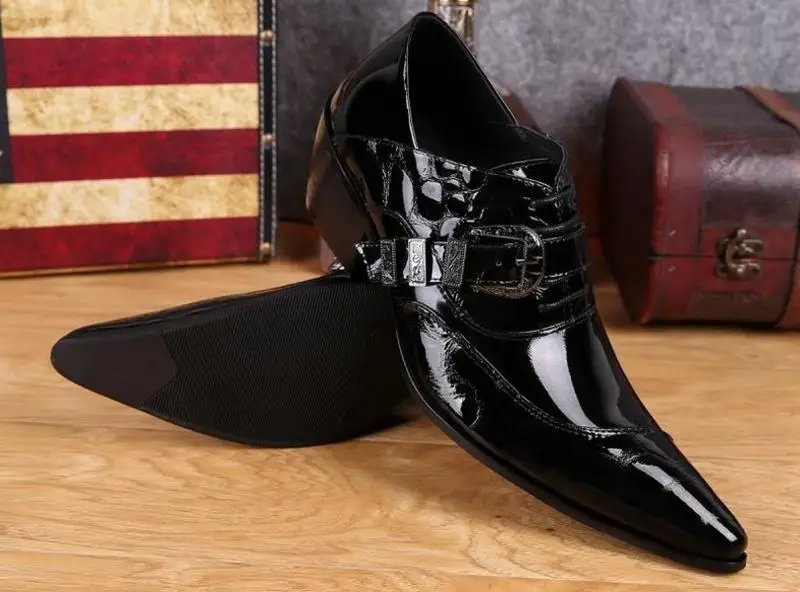 men\'s genuine leather pointed toe shoes lace-up business dress shoes men British style party wedding fashion buckle high heels