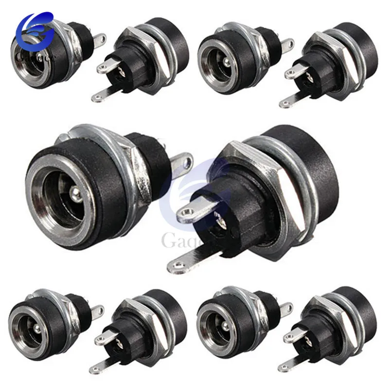 10Pcs DC Power Connector pin Female Plug Jack + Male Plug Jack Panel Mount Connector 5.5mm 2.1mm Plug Adapter 2 Terminal Types