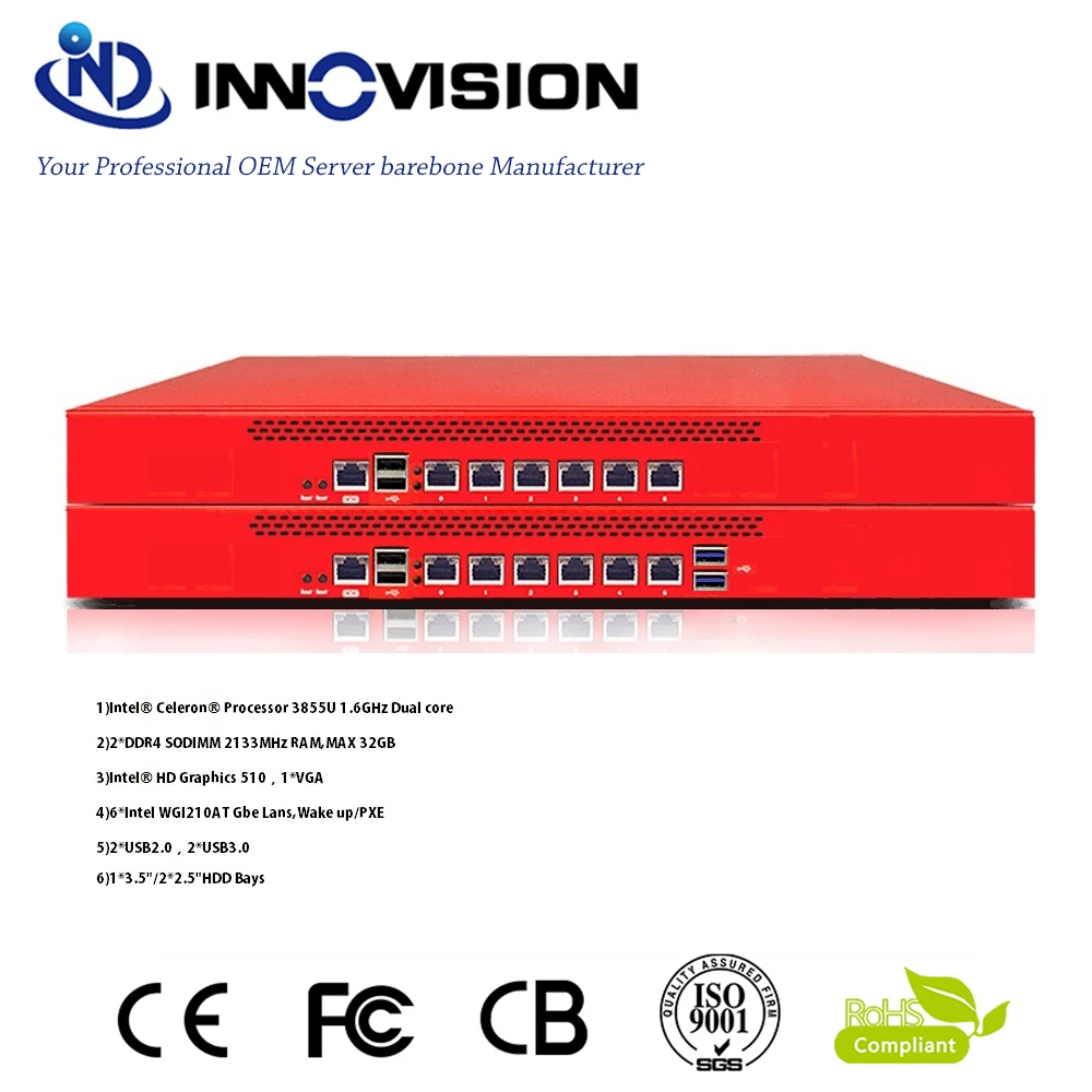 Zuinig 6GBe Lans rack 1U celeron Processor 3855U Firewall server Barebone