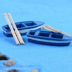 3pcs/set 1 Resin Boat 2 Wooden Quant Mini Blue Boat Oars Miniatures Fairy Garden Miniatures Natural Resin Craft Garden