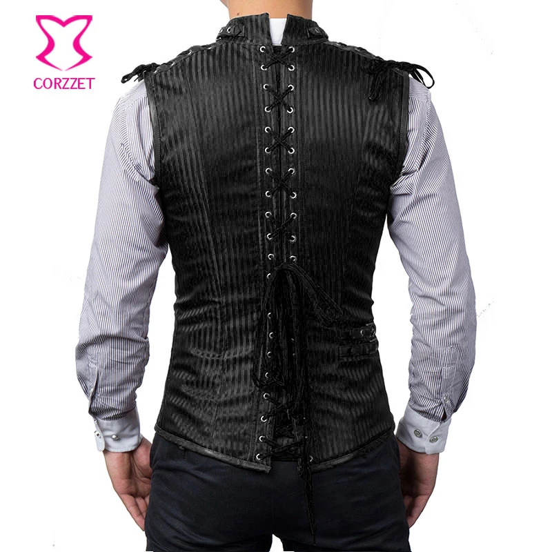 Black Striped Stand Collar Sleeveless Leather Stain Steel Boned Waistcoat Vest Jacket Steampunk Gothic Corset For Man Plus Size