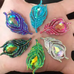 10PCS  AB Resin 3D Peacock Feathers Flat back rhinestone scrapbook DIY Wedding buttons for clothing appliques  SW19*2