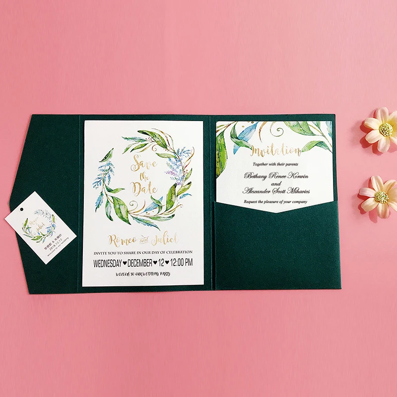 

Customized Wedding Invitation Green Pocket Invitation - Set of 50