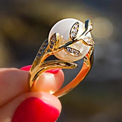 12mm Simulated Pearl & cubic zircon Women jewelry Fashion Leaf finger rings Gold-Color Ring