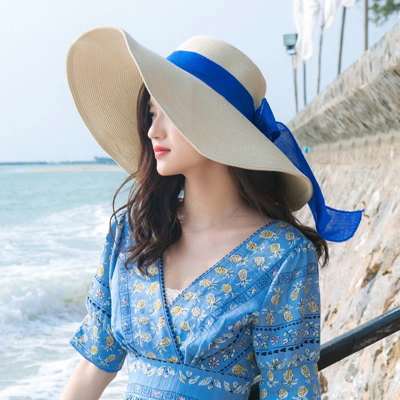 New Arrival Women Summer Straw Hat Female Foldable Reffia Sun Cap Wide Brim Girls Sun Hat Folding Shape Beach Hat B-7849