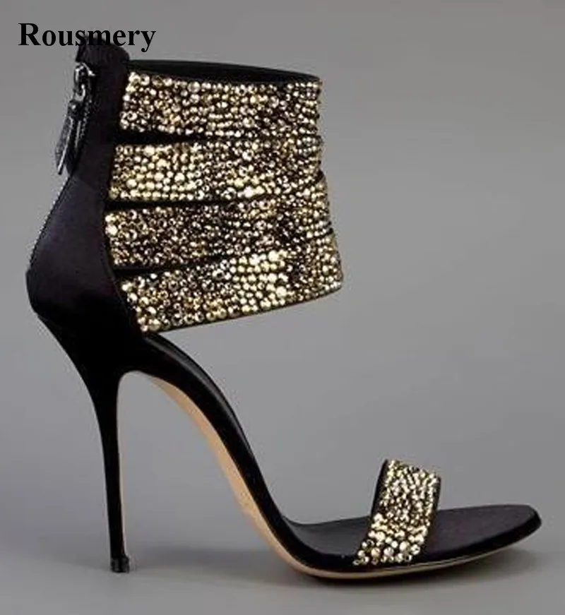 

Summer Hot Sale Women Fashion Open Toe Bling Bling Gold Sliver Strap High Heel Sandals Ankle Wrap Gladiator Sandals Dress Shoes