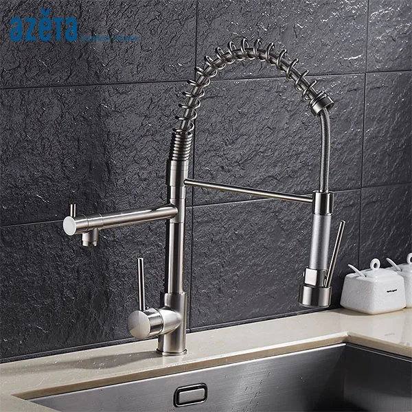 

AZETA Brushed Nickel Kitchen Faucet Dual Spray Spout Kitchen Mixer Tap Deck Mounted Faucet Pull Down Kitchen Sinks Tap MK9844BN