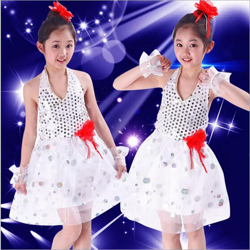 Girls Sequined Latin Dress Tutu Fashion Veil Dancewear Children\'s Modern Stage Perform Clothes School Girl Group Dancing Dresses