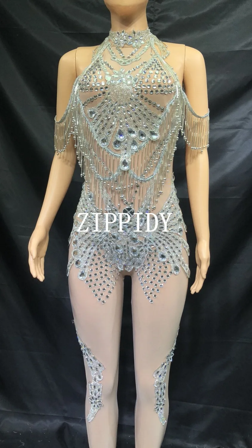 Sexy  Big Crystal  Stretch Bodysuit  Women Singer Dancer Glass Stones  Jumpsuit Costume Outfit Party Nightclub Wear