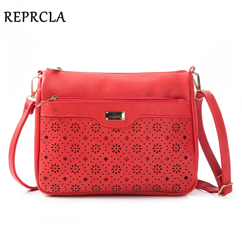 REPRCLA New Double Zipper Women Messenger Bags Hollow PU Leather Shoulder Bag Female Crossbody Vintage Women Bags Purse