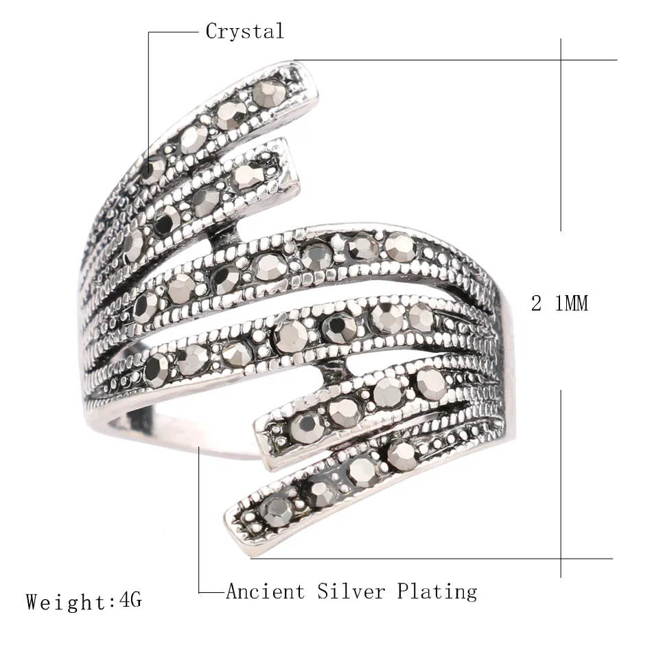 Hot 2018 Fashoin Black Crystal Wave Ring Vintage Punk Rock Hollow Multi Line Wedding Rings For Women Tibetan Jewelry