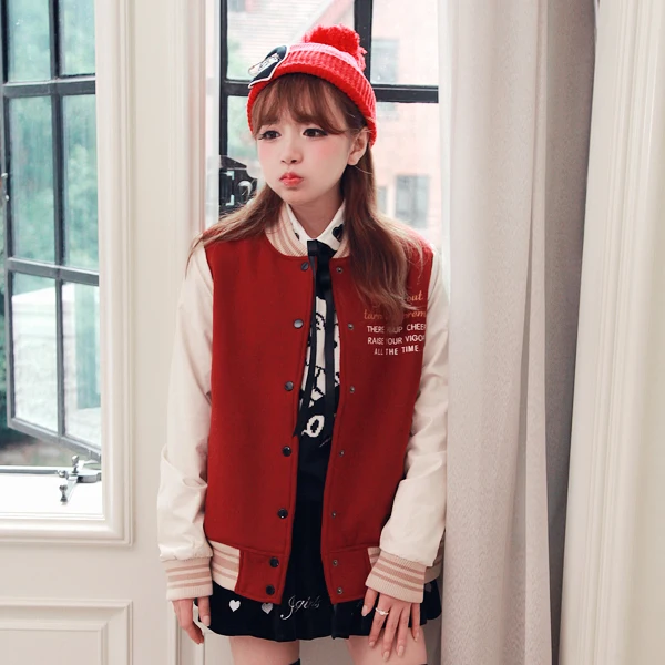 Princess sweet lolita coat BoBON21 Exclusive design Woolen patch Leather stitching Baseball uniform jacket C1265